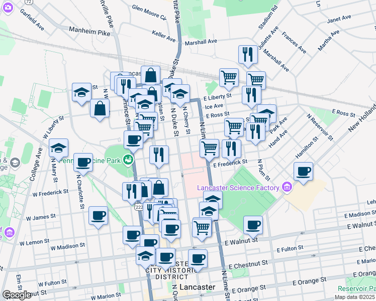 map of restaurants, bars, coffee shops, grocery stores, and more near 126 East Clay Street in Lancaster