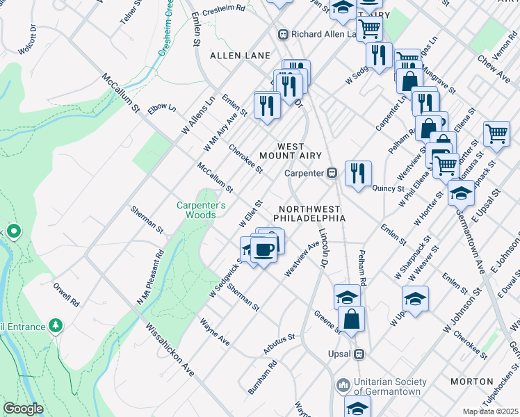map of restaurants, bars, coffee shops, grocery stores, and more near 7017 McCallum Street in Philadelphia
