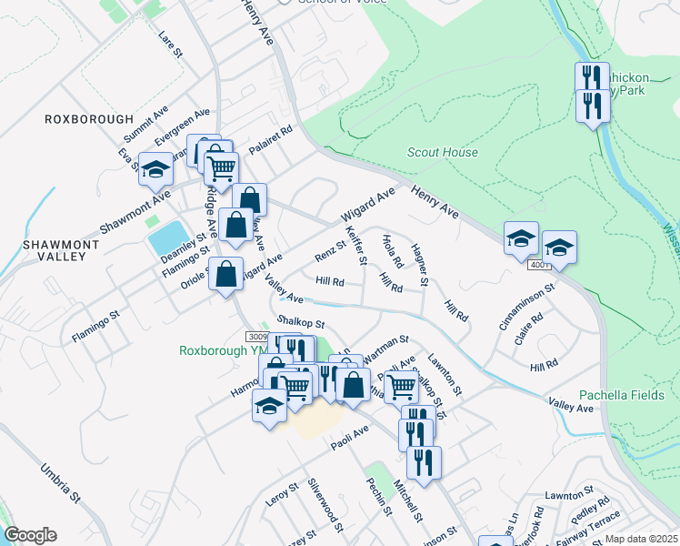 map of restaurants, bars, coffee shops, grocery stores, and more near 7423 Hill Road in Philadelphia