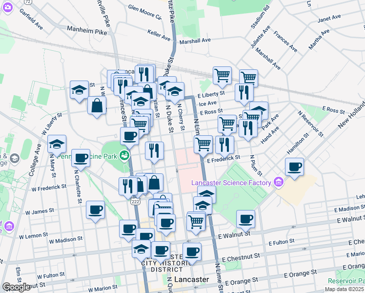 map of restaurants, bars, coffee shops, grocery stores, and more near 119 East New Street in Lancaster