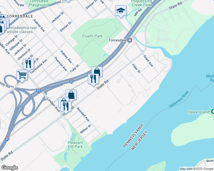 map of restaurants, bars, coffee shops, grocery stores, and more near 9528 State Road in Philadelphia