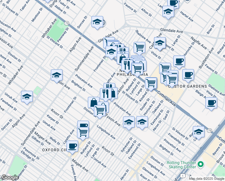 map of restaurants, bars, coffee shops, grocery stores, and more near 1423 Friendship Street in Philadelphia