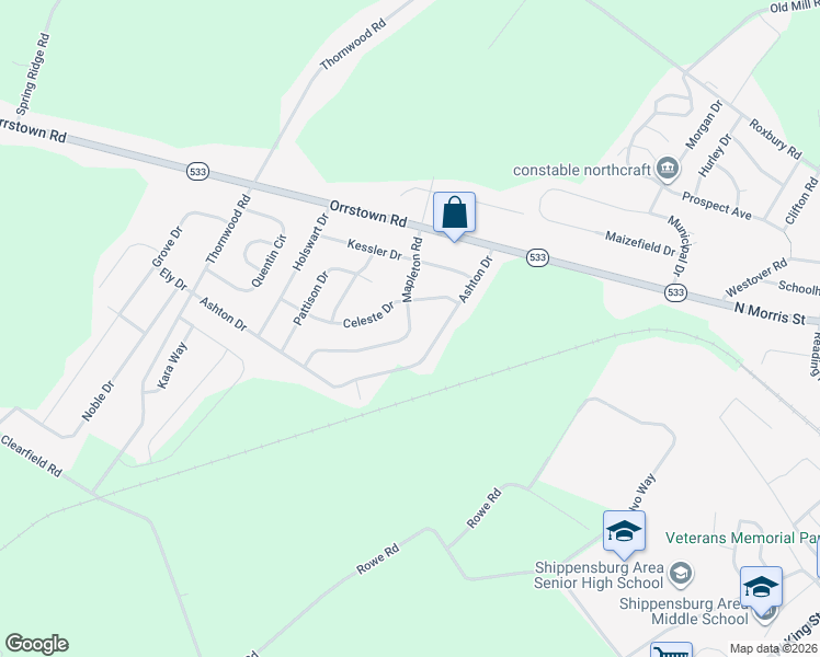 map of restaurants, bars, coffee shops, grocery stores, and more near 1046 Celeste Drive in Shippensburg