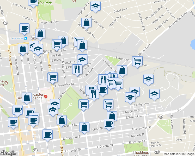 map of restaurants, bars, coffee shops, grocery stores, and more near 568 Reynolds Avenue in Lancaster