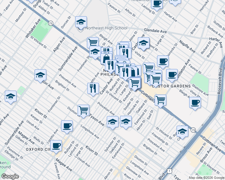 map of restaurants, bars, coffee shops, grocery stores, and more near 7261 Rutland Street in Philadelphia