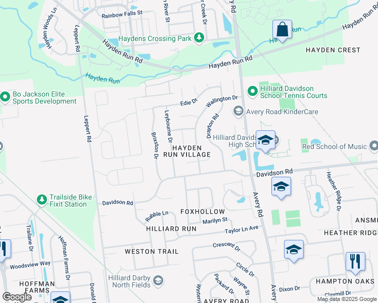 map of restaurants, bars, coffee shops, grocery stores, and more near 4833 Augustus Court in Hilliard