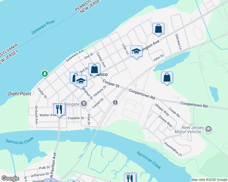 map of restaurants, bars, coffee shops, grocery stores, and more near 618 Cooper Street in Delanco
