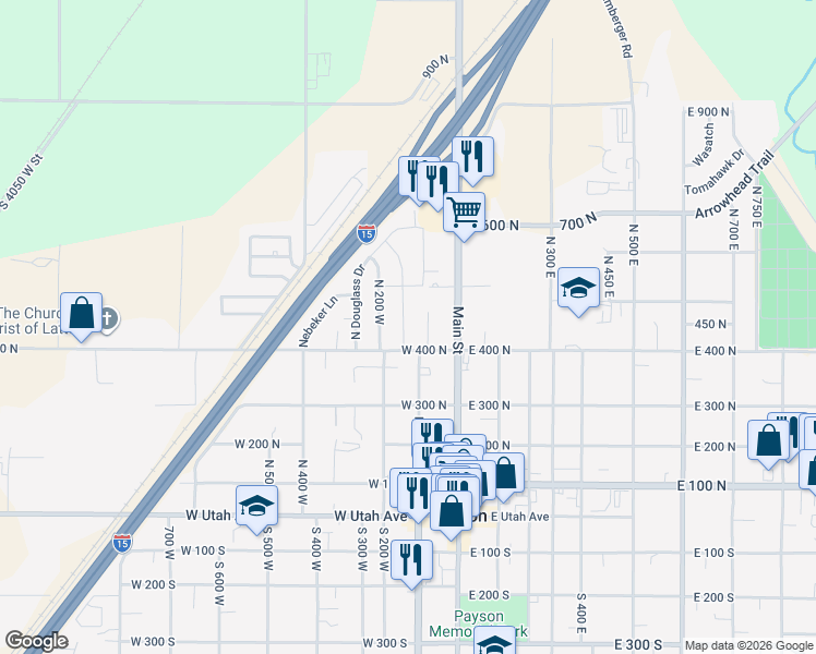 map of restaurants, bars, coffee shops, grocery stores, and more near 420 North 150 West in Payson