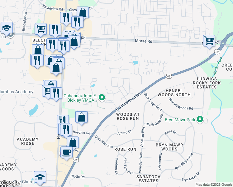 map of restaurants, bars, coffee shops, grocery stores, and more near 625 Herman Road in Gahanna