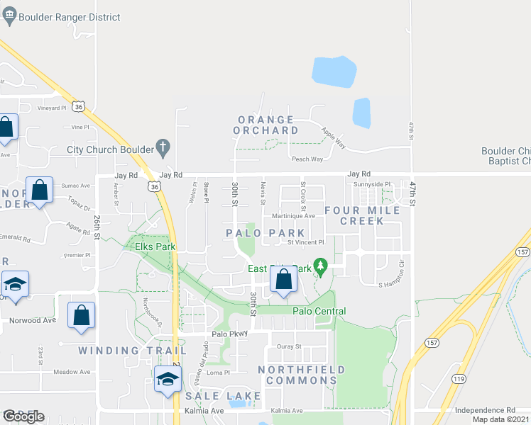 map of restaurants, bars, coffee shops, grocery stores, and more near 4145 Nevis Street in Boulder