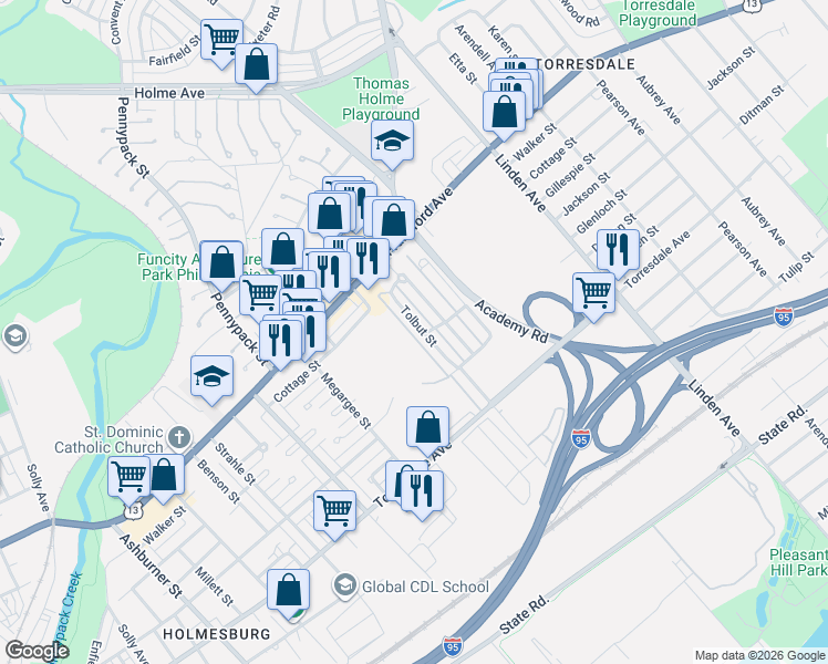 map of restaurants, bars, coffee shops, grocery stores, and more near 4430 Aberdale Road in Philadelphia