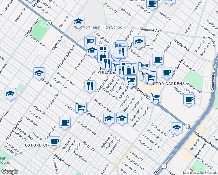 map of restaurants, bars, coffee shops, grocery stores, and more near 7261 Rutland Street in Philadelphia