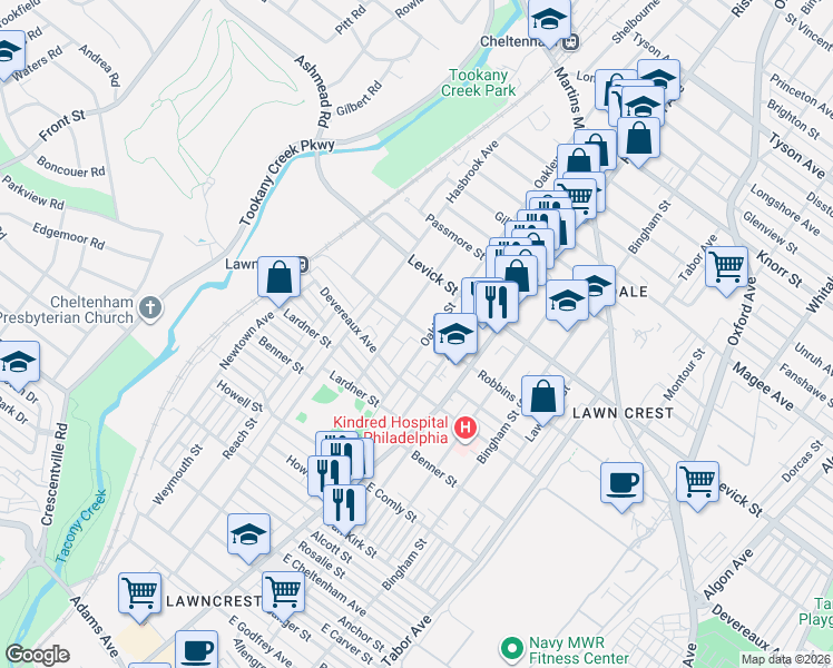 map of restaurants, bars, coffee shops, grocery stores, and more near 6307 Shelbourne Street in Philadelphia