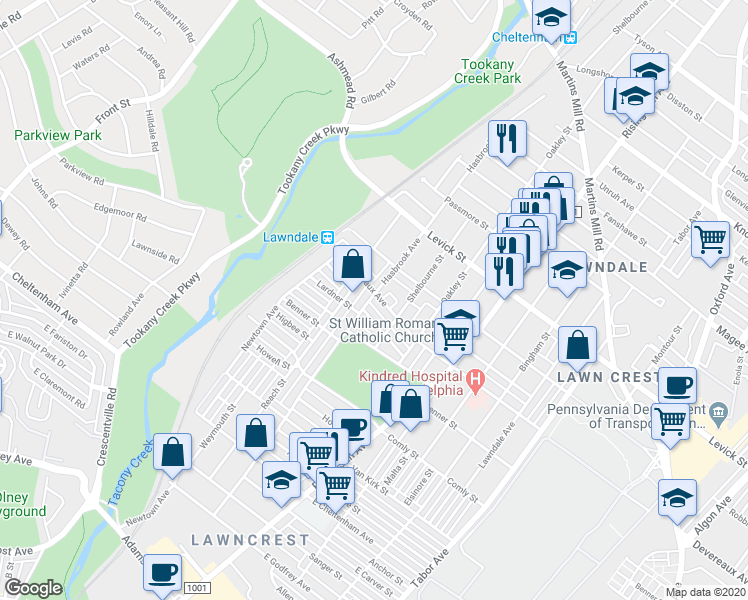 map of restaurants, bars, coffee shops, grocery stores, and more near 6158 Reach Street in Philadelphia