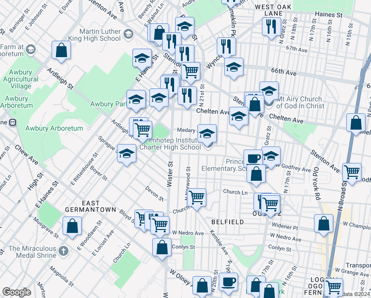 map of restaurants, bars, coffee shops, grocery stores, and more near 6237 North Norwood Street in Philadelphia