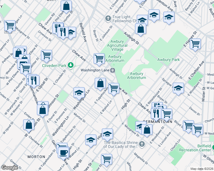 map of restaurants, bars, coffee shops, grocery stores, and more near 6222 Chew Avenue in Philadelphia