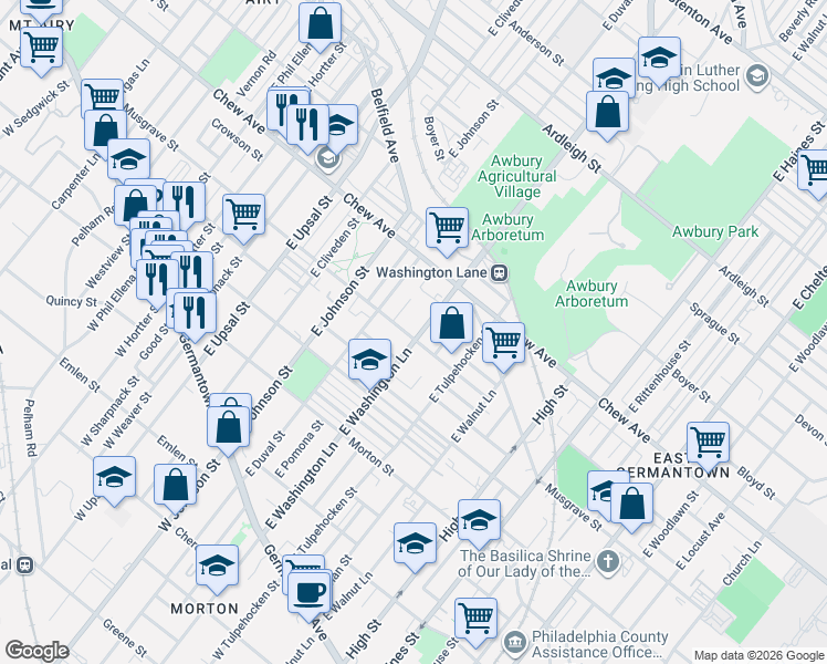 map of restaurants, bars, coffee shops, grocery stores, and more near 6327 Musgrave Street in Philadelphia