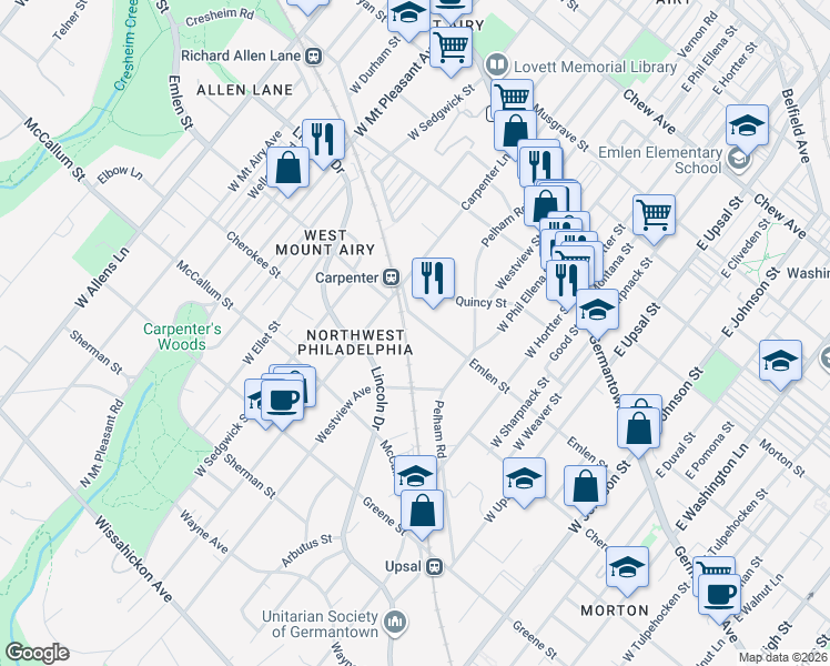 map of restaurants, bars, coffee shops, grocery stores, and more near 6815 Emlen Street in Philadelphia