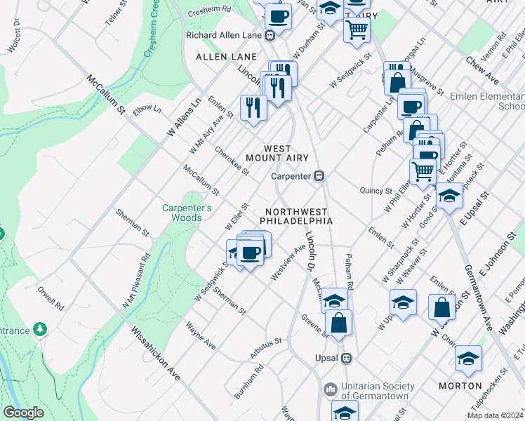 map of restaurants, bars, coffee shops, grocery stores, and more near 400 West Ellet Street in Philadelphia