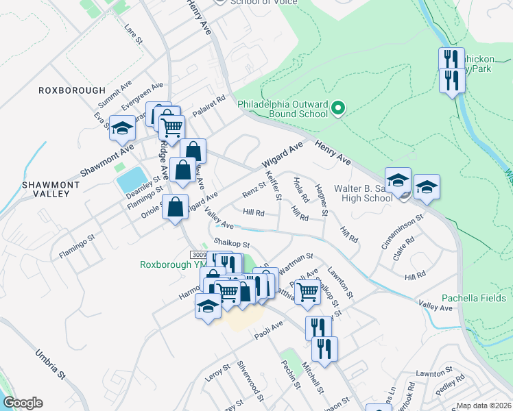 map of restaurants, bars, coffee shops, grocery stores, and more near 625 Renz Street in Philadelphia