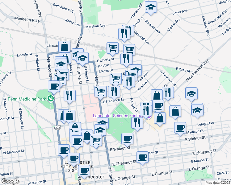 map of restaurants, bars, coffee shops, grocery stores, and more near 311 East New Street in Lancaster