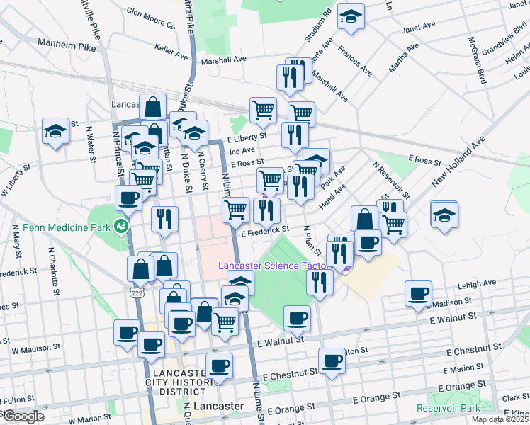 map of restaurants, bars, coffee shops, grocery stores, and more near 241 East New Street in Lancaster