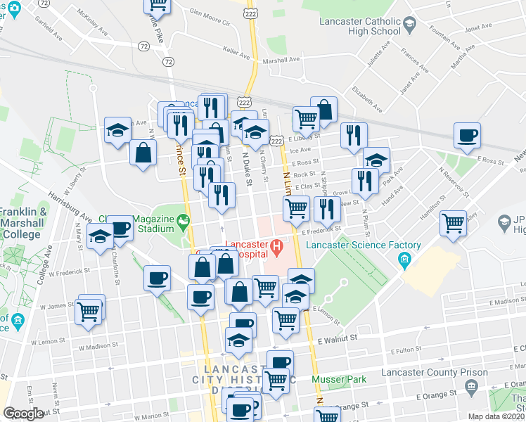 map of restaurants, bars, coffee shops, grocery stores, and more near 126 East Clay Street in Lancaster