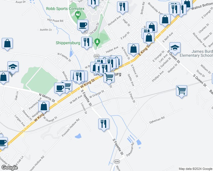 map of restaurants, bars, coffee shops, grocery stores, and more near in Shippensburg