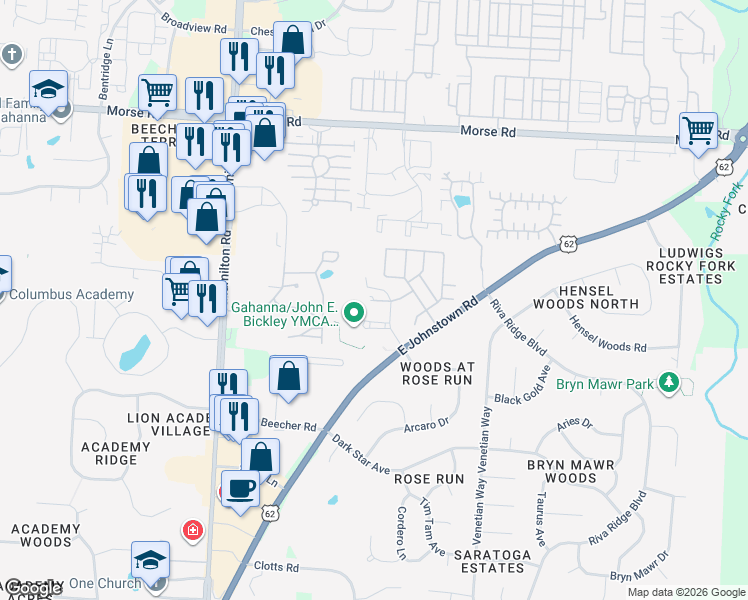 map of restaurants, bars, coffee shops, grocery stores, and more near 640 Grove Circle in Columbus