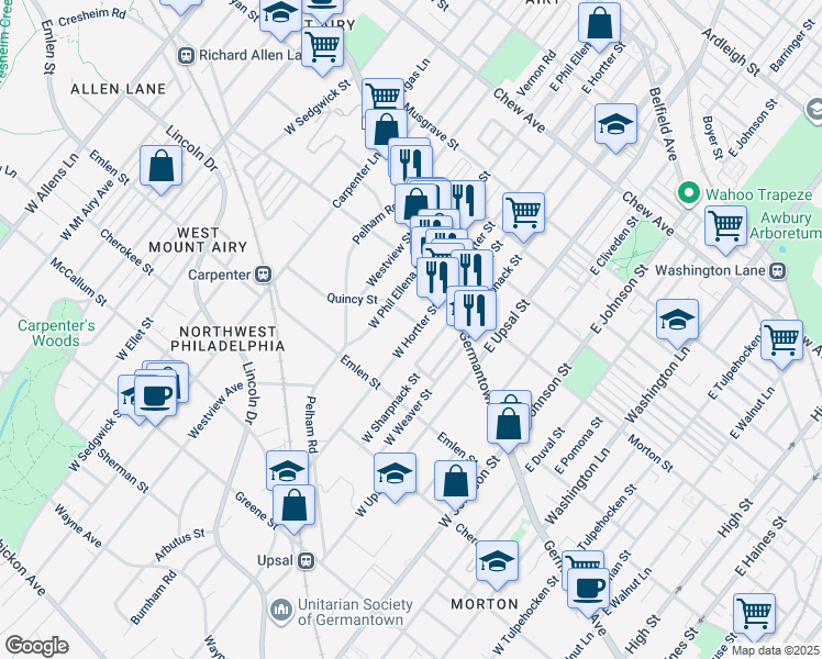 map of restaurants, bars, coffee shops, grocery stores, and more near 105 West Hortter Street in Philadelphia