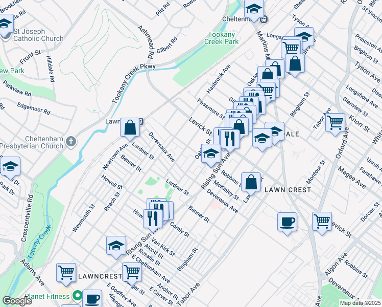 map of restaurants, bars, coffee shops, grocery stores, and more near 444 Robbins Street in Philadelphia