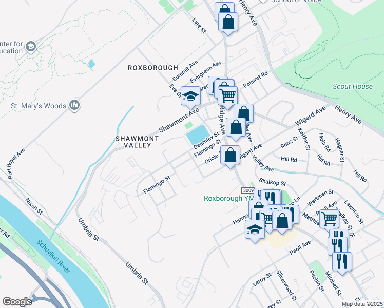 map of restaurants, bars, coffee shops, grocery stores, and more near 456 Flamingo Street in Philadelphia