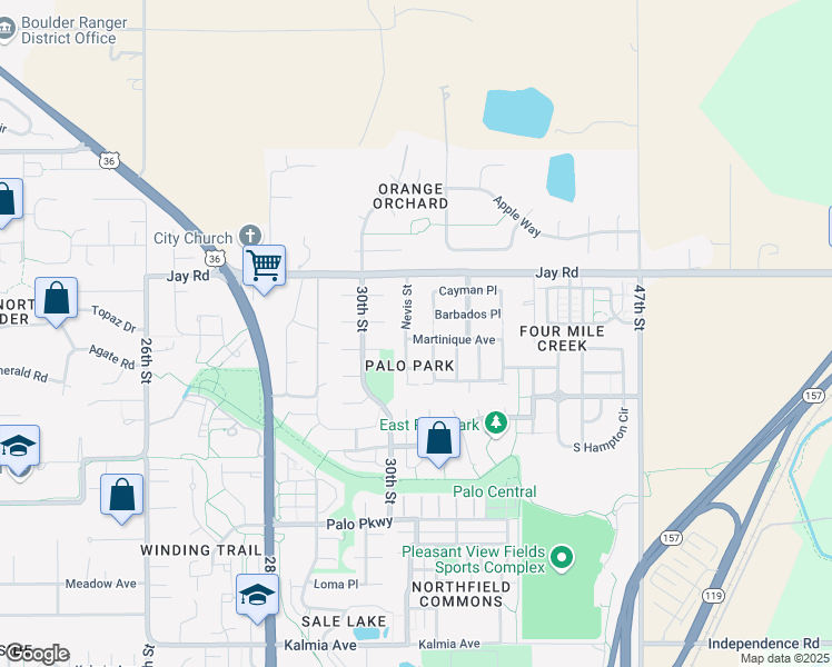 map of restaurants, bars, coffee shops, grocery stores, and more near 4145 Nevis Street in Boulder