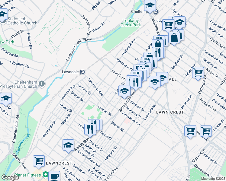 map of restaurants, bars, coffee shops, grocery stores, and more near 444 Robbins Street in Philadelphia