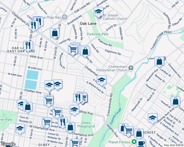 map of restaurants, bars, coffee shops, grocery stores, and more near 150 East Cheltenham Avenue in Philadelphia