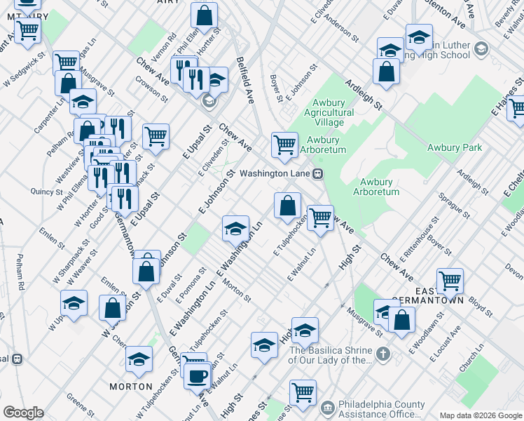 map of restaurants, bars, coffee shops, grocery stores, and more near 503 East Washington Lane in Philadelphia