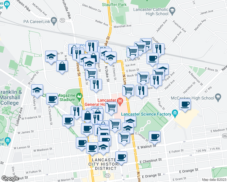 map of restaurants, bars, coffee shops, grocery stores, and more near 705 North Duke Street in Lancaster