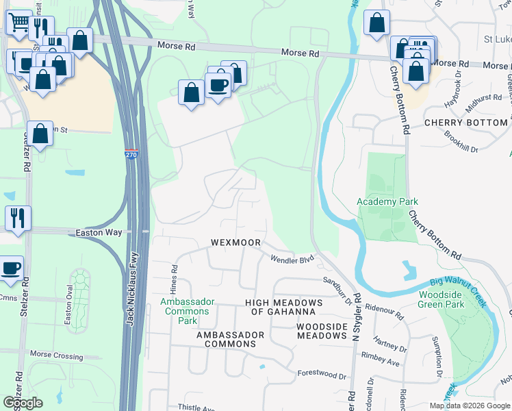 map of restaurants, bars, coffee shops, grocery stores, and more near 4725 Bayview Place in Columbus