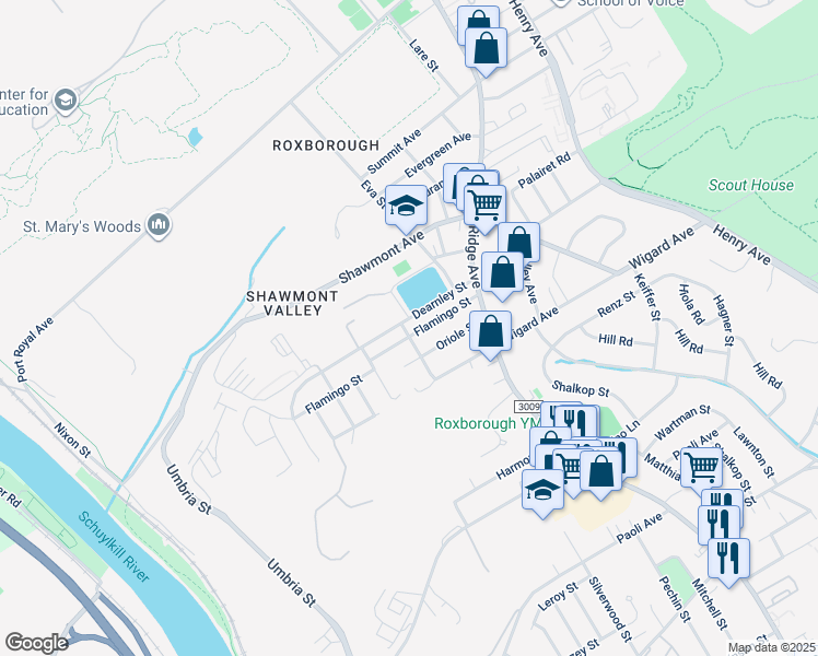 map of restaurants, bars, coffee shops, grocery stores, and more near 456 Flamingo Street in Philadelphia