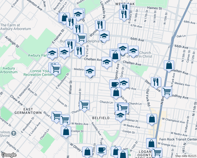 map of restaurants, bars, coffee shops, grocery stores, and more near 2004 Laveer Street in Philadelphia
