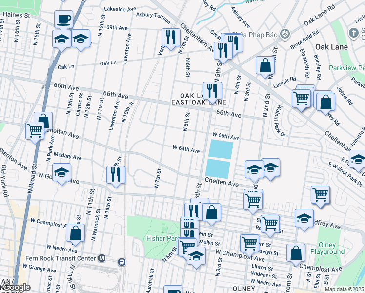 map of restaurants, bars, coffee shops, grocery stores, and more near 6411 North 6th Street in Philadelphia