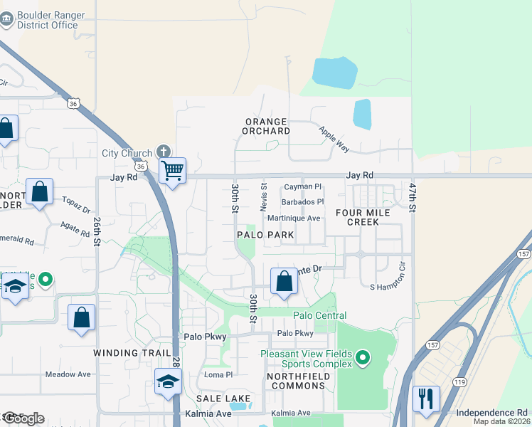 map of restaurants, bars, coffee shops, grocery stores, and more near 4145 Nevis Street in Boulder