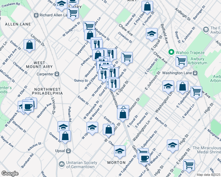 map of restaurants, bars, coffee shops, grocery stores, and more near Germantown Ave & E Sharpnack St in Philadelphia