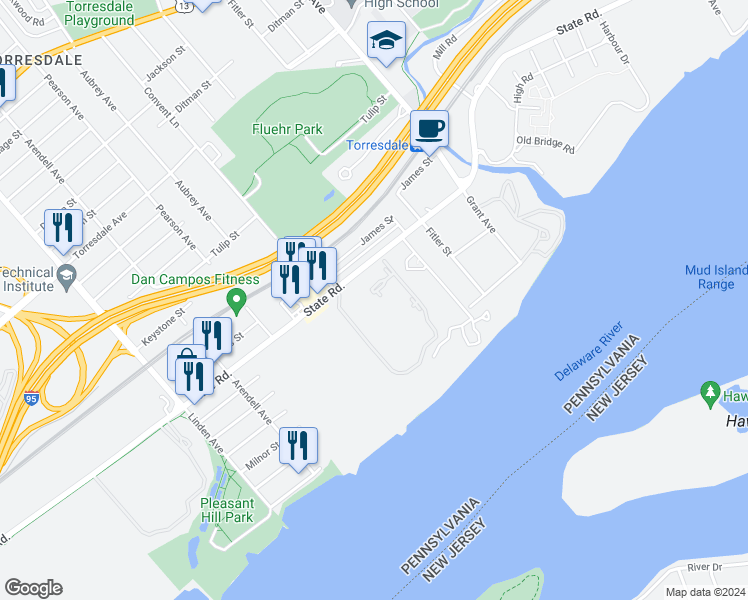 map of restaurants, bars, coffee shops, grocery stores, and more near 5100 Convent Lane in Philadelphia