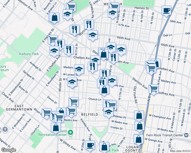 map of restaurants, bars, coffee shops, grocery stores, and more near 6237 Limekiln Pike in Philadelphia