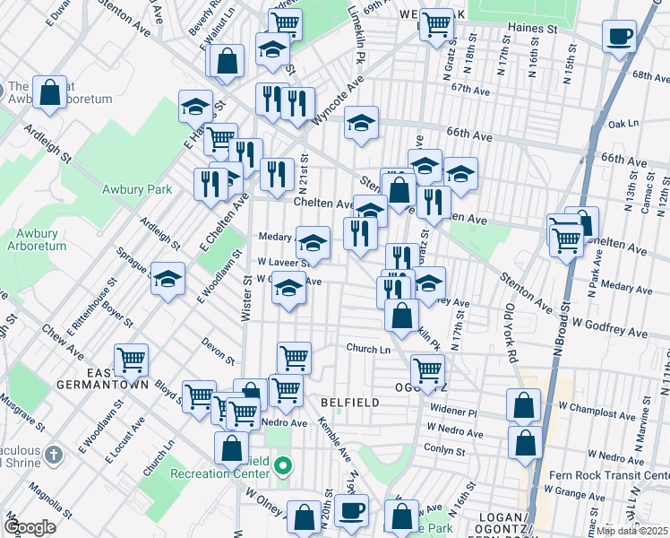map of restaurants, bars, coffee shops, grocery stores, and more near 2016 West Laveer Street in Philadelphia
