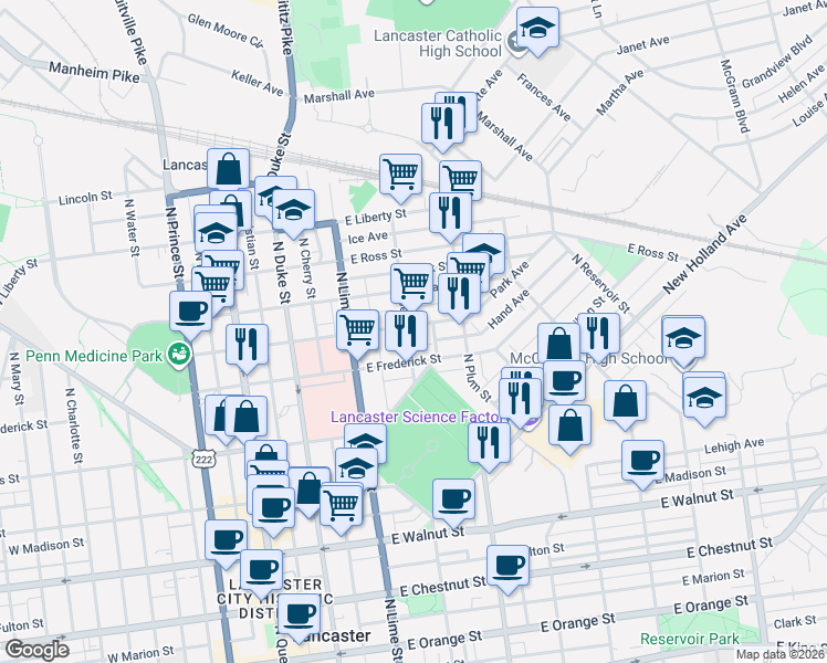 map of restaurants, bars, coffee shops, grocery stores, and more near 304 East New Street in Lancaster