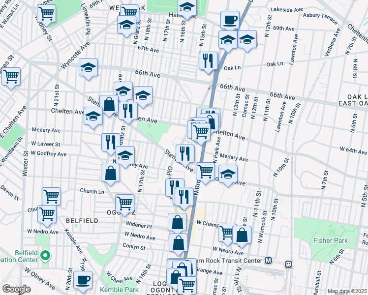 map of restaurants, bars, coffee shops, grocery stores, and more near 6263 Old York Road in Philadelphia