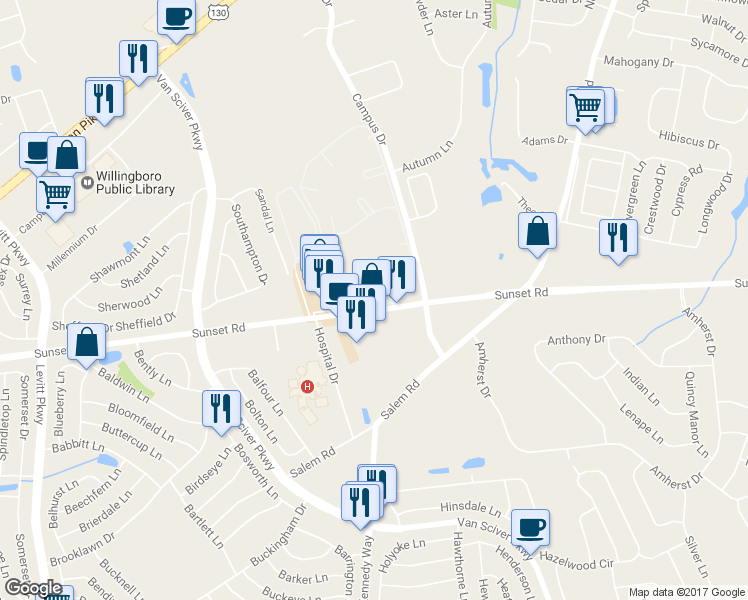 map of restaurants, bars, coffee shops, grocery stores, and more near 1231 Liberte Court in Burlington