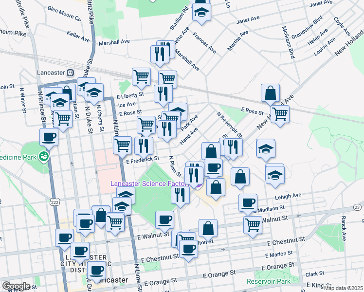 map of restaurants, bars, coffee shops, grocery stores, and more near 514 Hand Avenue in Lancaster